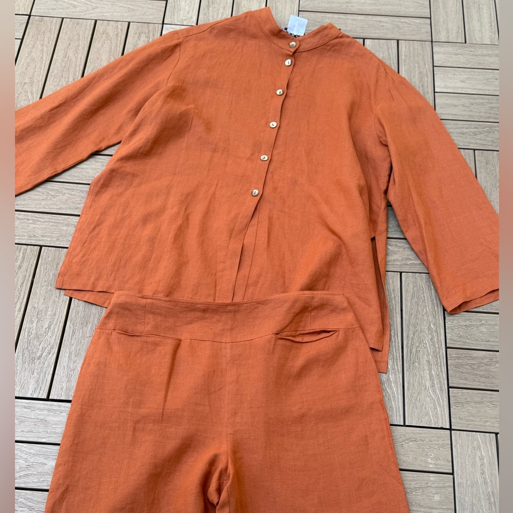 Jaeger Rust Colored Linen Shirt And Pants Set - Picture 8 of 15
